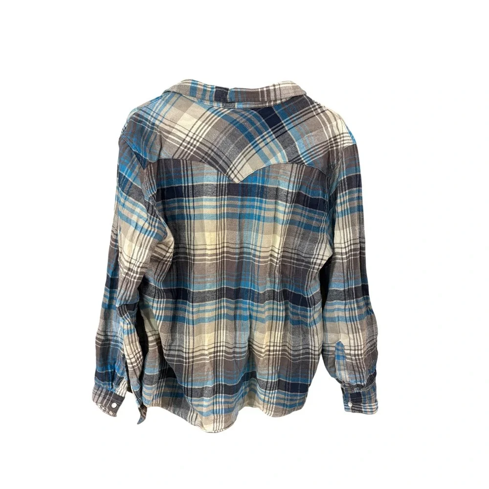 Levis Mens Western Plaid Flannel Snap Button Shirt Blue Grey White Size L